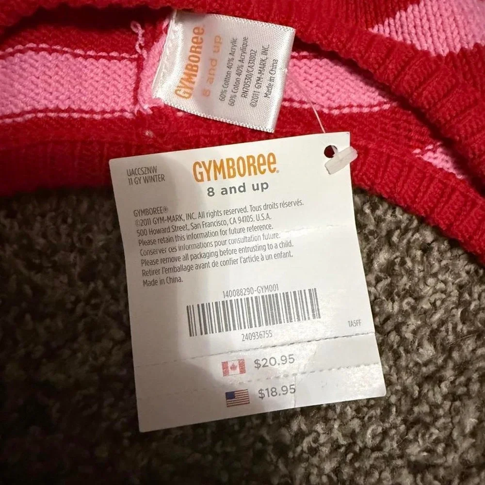 Gymboree pink and red striped knit hat with pom-poms